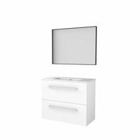 Basic-Line Framed 39 Badkamermeubelset - Ondiep - 80 x 39 cm - Met Grepen - 2 Lades - Keramische Wastafel - 1 Kraangat - Spiegel met Zwart Aluminium Frame - Ice White - thumbnail