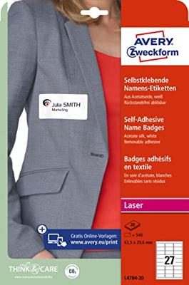 Avery-Zweckform L4784-20 Naametiketten 63.5 x 29.6 mm Acetaatzijde Wit 540 stuk(s) Weer verwijderbaar Laser (kleur), Laser (zwart/wit), Handschriften - thumbnail