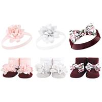 Hudson Baby Infant Girl Headband and Socks Giftset, Pink Burgundy, One Size - thumbnail