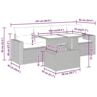 5-delige Loungeset met kussens poly rattan zwart - thumbnail