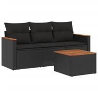 4-delige Loungeset met kussens poly rattan zwart - thumbnail