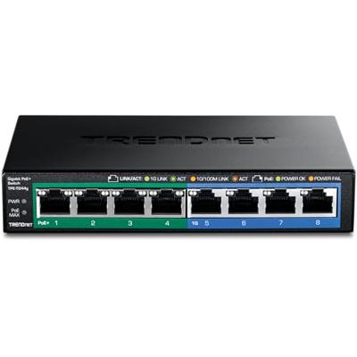 TRENDnet TPE-TG44G 8-Port Gigabit GREENnet PoE + Switch, 4 x Gigabit PoE/PoE + tot 30 watt/poort, 4 x Gigabit, 61 W stroombudget, Ethernet onbeheerde switch