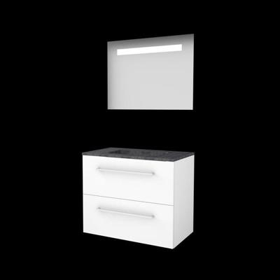 Basic-Line Economic 46 Badkamermeubelset - 80 x 46 cm - Met Grepen - 2 Lades - Hardstenen Wastafel - Zonder Kraangat - Spiegel met LED Verlichting - Ice White