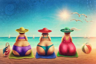 Schilderij - Drie gezellige dames op het strand, Multikleur , 2 maten , Premium print