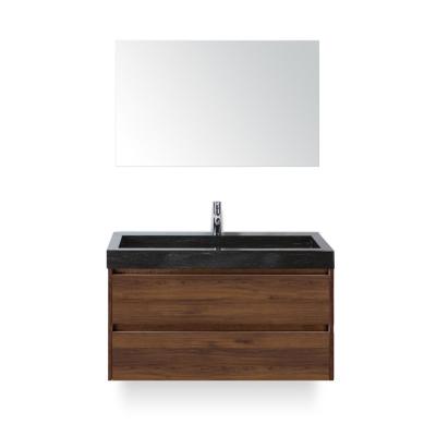 Dante Badmeubelset 100 cm - Walnoot - Wastafel Hardsteen Wit Lucca - met Spiegel