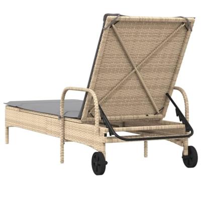 Ligbed met wielen en kussen poly rattan beige - thumbnail