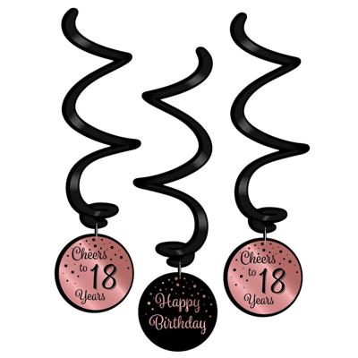 Hangdecoratie Swirls 18 Jaar Roségoud/Zwart (3st)