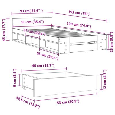 Bedframe met lade bewerkt hout betongrijs 90x190 cm