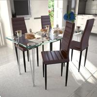 vidaXL Eetkamerset 4 bruine slim line stoelen en 1 glazen tafel - thumbnail