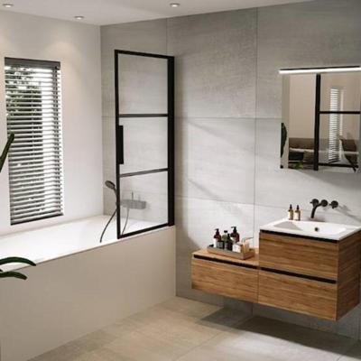 Badwand met Klapdeur Riho Grid 80x150 cm 6 mm Helderglas Zwarte Profielen Rechts Riho