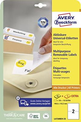 Etiket Avery L4734REV-25 199.3x143.5mm wit 50 etiketten Etiket Avery L4734REV-25 199.3x143.5mm wit 50 etiketten