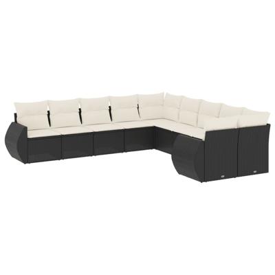 10-delige Loungeset met kussens poly rattan zwart - thumbnail