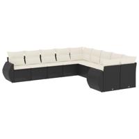 10-delige Loungeset met kussens poly rattan zwart - thumbnail