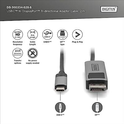 Digitus DB-300334-020-S DisplayPort / USB-C Adapter [1x USB-C - 1x DisplayPort stekker] Zwart Afgeschermd, Rond 2 m
