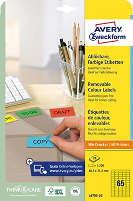Etiket Avery Zweckform L4793-20 38.1x21.2mm geel 1300 etiketten Etiket Avery Zweckform L4793-20 38.1x21.2mm geel 1300 etiketten