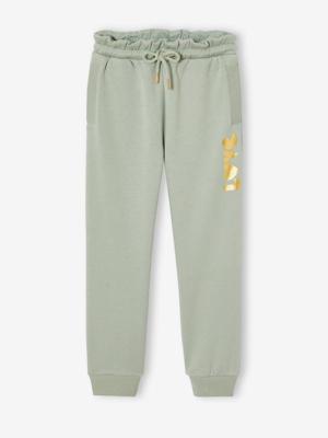 Joggingbroek van fleece met motief op de broekspijp voor meisjes saliegroen