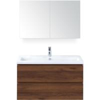 Vogue Badmeubelset 100 cm - Greeplijst in Kleur - Walnoot - Keramische Wastafel Wit 1 Kraangat met Spiegelkast - thumbnail