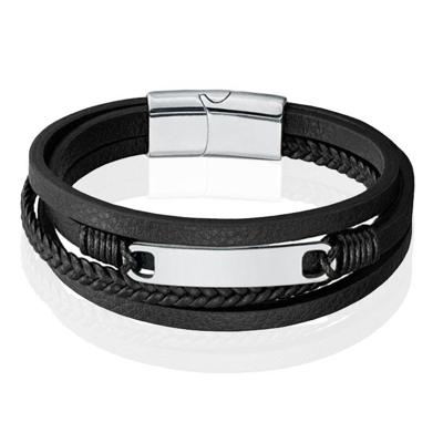 Mendes Multilayer Leren Armband voor Heren met Zilveren Coating-21cm
