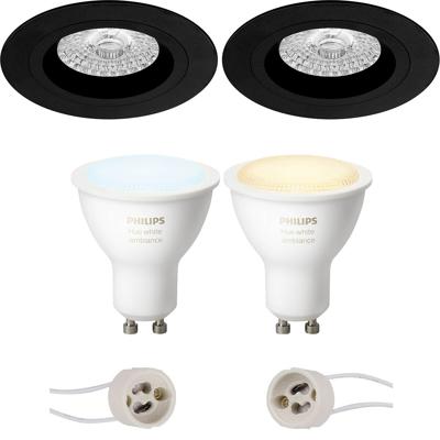 GU10 Inbouwspot Set - Mat Zwart - Inbouw Rond - Philips Hue - White Ambiance - Bluetooth - Pragmi Rodos Pro - Ø93mm