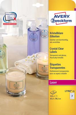 Avery transparante Crystal Clear etiketten ft 63,5 x 38,1 mm, 525 etiketten, 21 per vel Avery transparante Crystal Clear etiketten ft 63,5 x 38,1 mm, 525 etiketten, 21 per vel