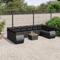 11-delige Loungeset met kussens poly rattan zwart - thumbnail