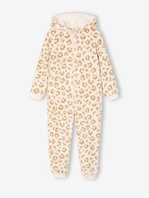 Meisjespyjama jumpsuit met luipaardprint van sherpa beige