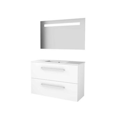 Basic-Line Economic 39 Badkamermeubelset - Ondiep - 100 x 39 cm - Met Grepen - 2 Lades - Keramische Wastafel - 1 Kraangat - Spiegel met LED Verlichting - Ice White