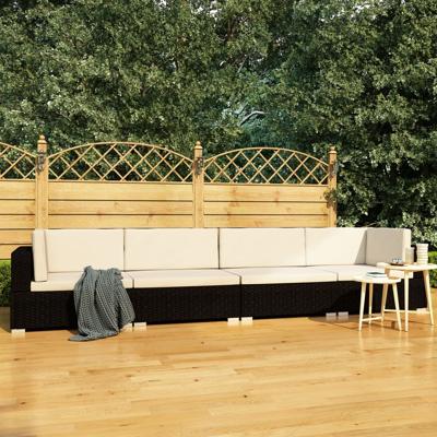 4-delige Loungeset met kussens poly rattan zwart