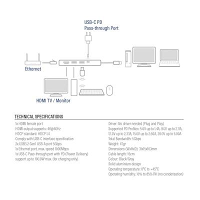 ACT AC7091 laptop dock & poortreplicator Bedraad USB 3.2 Gen 1 (3.1 Gen 1) Type-C Grijs - thumbnail