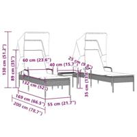 Ligbedden 2 st met luifels en tafel poly rattan grijs - thumbnail
