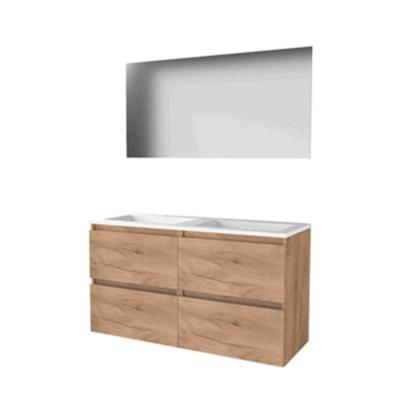 Basic-Line Ultimate 46 Badkamermeubelset - 120 x 46 cm - Greeploos - 4 Lades - Acryl Wastafel - 2 Kraangaten - Spiegel met Indirecte LED Verlichting - Whisky Oak