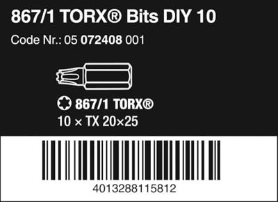 Wera 867/1 Z TORX® Bits, TX 20 x 25 mm (10 Bits pro Box) - 1 stuk(s) - 05072408001
