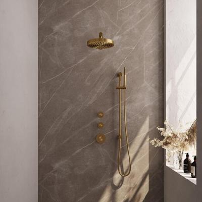 Brauer Stripe thermostatische inbouw regendouche SET 07 met 25 cm douchekop en rechte muurarm en staaf handdouche en doucheslang en geintegreerde glijstang goud geborsteld PVD