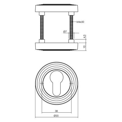 Cilinderrozetten verdekt met rillen ø55x10mm en nokken nikkel mat