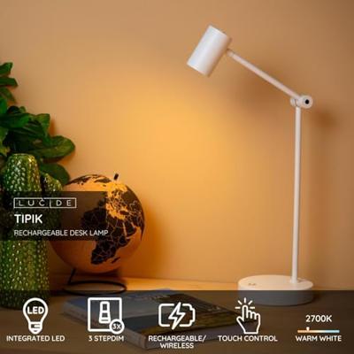 Lucide TIPIK - Oplaadbare Bureaulamp - Accu/Batterij - LED 3 StepDim - 1x3W 2700K - Wit