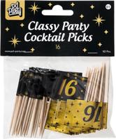 Classy Cocktail Prikkers 16 Jaar Zwart/Goud (50st) - thumbnail