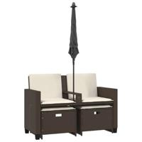 Tuinbank 2-zits met parasol en voetenbanken poly rattan bruin - thumbnail