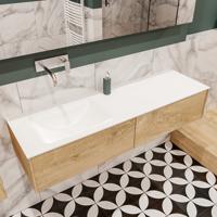 Mondiaz Lush Cloud badmeubel Washed oak 150 cm 2 lades solid surface enkele spoelbak links zonder kraangat - thumbnail