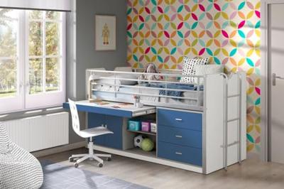 Vipack halfhoogslaper Bonny met uitschuifbaar bureau - blauw - 116x96x207 cm