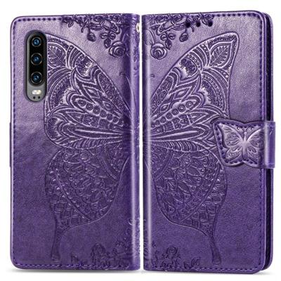Butterfly Love bloemen reliëf horizontale Flip lederen case voor Huawei P30 met houder & kaartsleuven & portemonnee & Lanyard (donker paars)