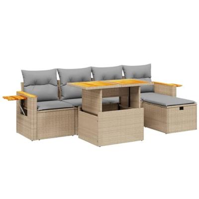 6-delige Loungeset met kussens poly rattan beige