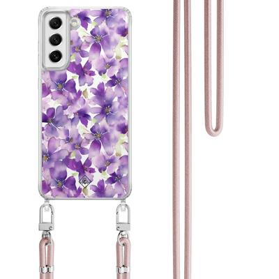 Samsung Galaxy S21 FE hoesje met rosegoud koord - Floral violet Samsung Galaxy S21 FE hoesje met rosegoud koord - Floral violet