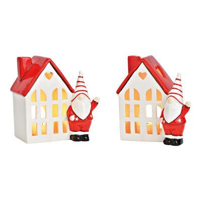 Theelichthuis met keramische kabouter, rood/wit (B/H/D) 18x18x12cm