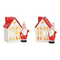 Theelichthuis met keramische kabouter, rood/wit (B/H/D) 18x18x12cm - thumbnail