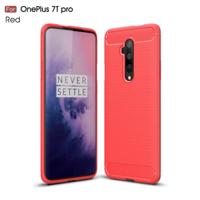 Voor Oneplus 7T Pro geborsteld textuur koolstofvezel TPU case (rood) - thumbnail