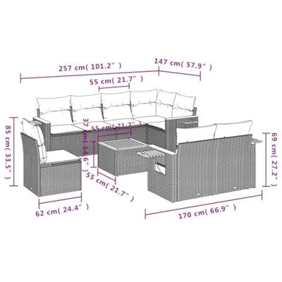9-delige Loungeset met kussens poly rattan grijs