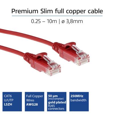ACT DC9552 LSZH U/UTP CAT6 Datacenter Slimline Patchkabel Snagless | RJ45 Connectoren | Rood | 25 cm