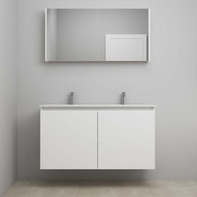 On-Line Badkamermeubelset - 120 cm - Bouwpakket - Greeploos 2 Deuren - Porseleinen Wastafel - 2 Kraangaten - Spiegelkast - Hoogglans Wit