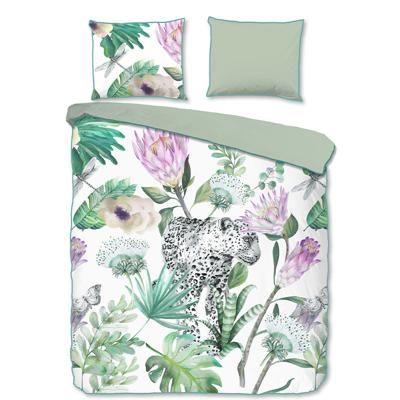 Descanso Dekbedovertrek "kraanvogel met bloemen" - Petrol - (240x200/220 cm) - Biologisch Katoen satijn