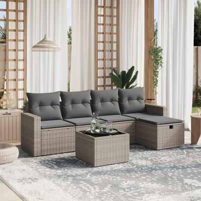 6-delige Loungeset met kussens poly rattan grijs